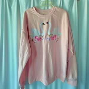 Goodie Two Sleeves Pink Romantic Swans & Roses Cotton/Poly Sweatshirt Women's XL